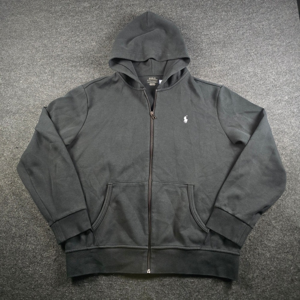 Polo Ralph Lauren Full Zip Hoodie Black Double Knit Cotton Sweatshirt Men's XL